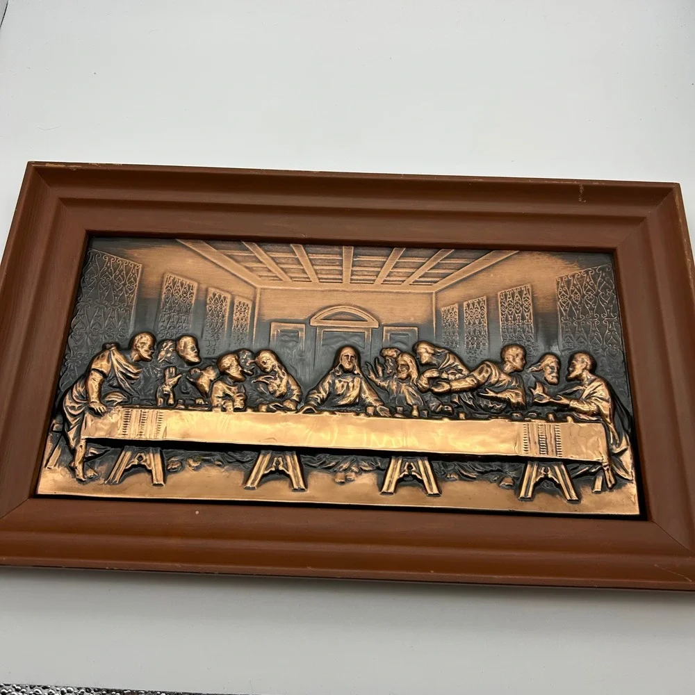 Vintage Copper Relief The Last Supper 3D Metal‎ Wall Art Plaque Framed Religious